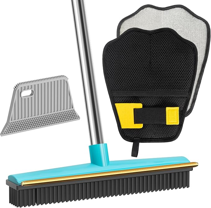 Carpet Rake for Pet Hair Removal, 60" Long Handle Rubber Broom (3 Pack) | Multi-function Pet Hair Removal Tool, Works on Rug Car Mat Pet Bed Furniture, Cleans Dog Cat Fur Efficiently