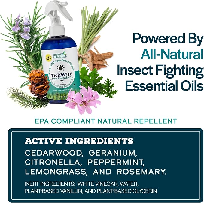 3 Moms Organics, TickWise 8oz Extra Strength Double Whammy 2-Pack - DEET- Free, Tick and Insect Repellent, Plant Based Essential Oils, All Natural Ingredients, Safe for Kids, Adults, Dogs & Horses