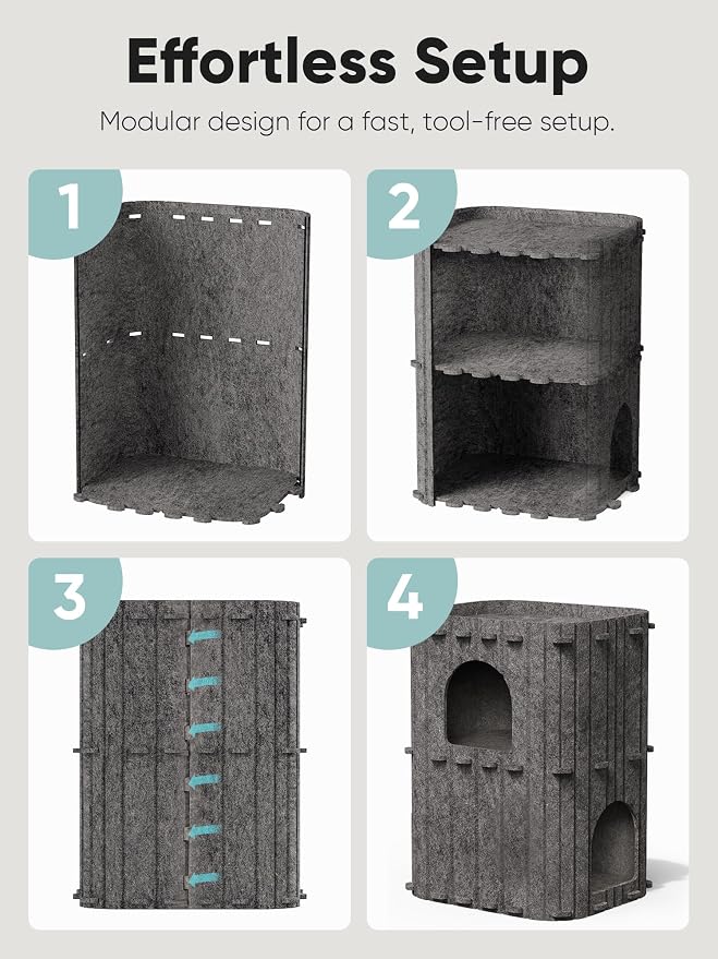FUKUMARU Cat House for Indoor Cats, Warm Felt Cat Bed, Scratch Resistant | Large Cat Bed Cave, 3-in-1 Cat Condo, Cozy Felt Covered Cats Tunnel, 23.62 Inch Kitten Hideaway for Multicats, Dark Grey