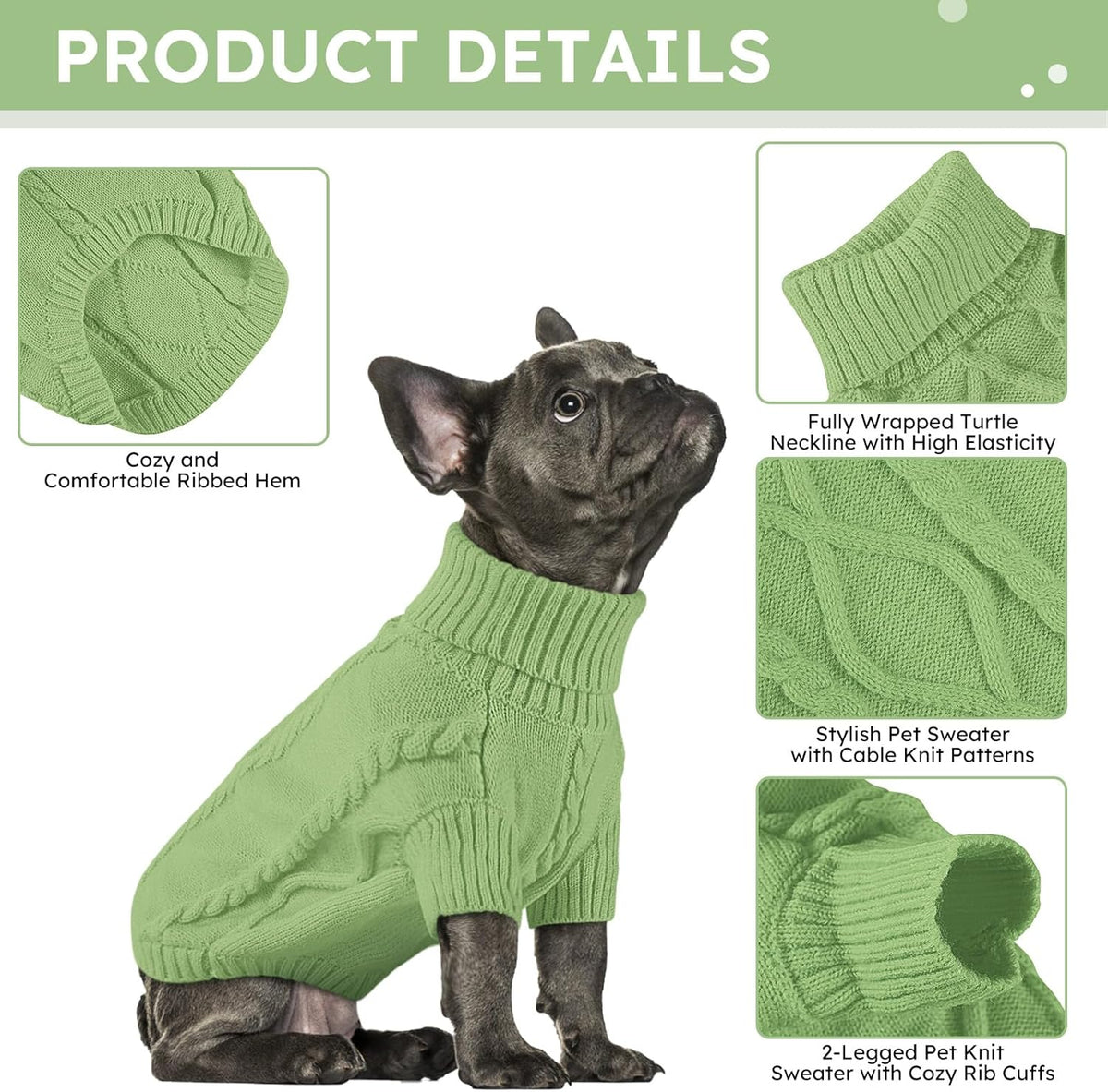 Queenmore Small Dog Pullover Sweater, Cold Weather Cable Knitwear, Classic Turtleneck Thick Warm Clothes for Chihuahua, Bulldog, Dachshund, Pug, Yorkie (Green, X-Large)
