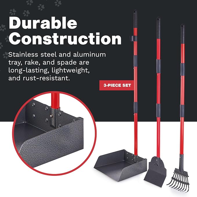 Pooper Scooper for Dogs, Heavy Duty Long Handle Rake, Spade & XL Tray | Rustproof Aluminum Poop Scooper for Large Dogs, 36+" Handles and 9”W 9.5”L Extra Large Tray for Yard, Grass, Dirt & Gravel