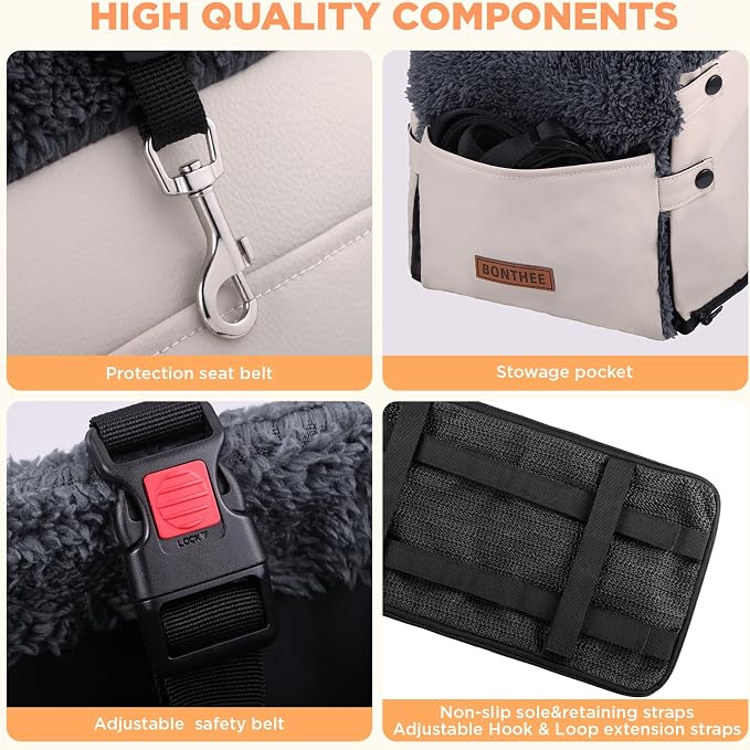 Center Console Dog Car Seat for Small Dogs,PU Leather Small Dog Car Booster Seat,Washable Foldable Puppy Car Seat with Safe Protection Hooks Adjustable Straps and Storage Pocket Pet Up to 15lbs