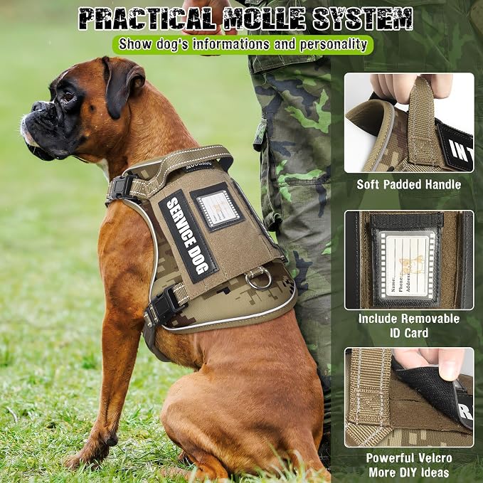 Tactical Dog Harness and Leash Set with 10 Patches for Large Dogs | Heavy Duty Adjustable No Pull Service Dog Vest with Dog Seat Belt,Reflective Easy Walk for Training Walking Hiking Camo XL