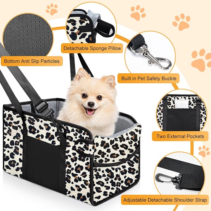 Portable Dog Car Seat for Small Dogs, Puppy Car Seat, Leopard | Booster Seat With Safety Leash & Adjustable Straps Keeps Small Dogs Secure. Removable Washable Cushion. Fits Most Cars.