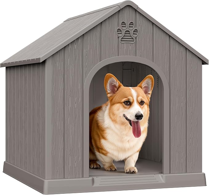 Bifanuo Outdoor Indoor Dog House for Small & Medium Dogs - Weatherproof Shelter with Elevated Floor, Hidden Vents & Tool-Free Assembly (Classic Grey, 26.18" L x 24.03" W x 25.98" H)