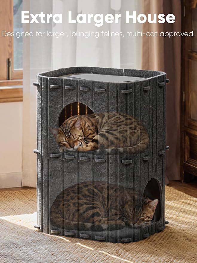 FUKUMARU Cat House for Indoor Cats, Warm Felt Cat Bed, Scratch Resistant | Large Cat Bed Cave, 3-in-1 Cat Condo, Cozy Felt Covered Cats Tunnel, 23.62 Inch Kitten Hideaway for Multicats, Dark Grey
