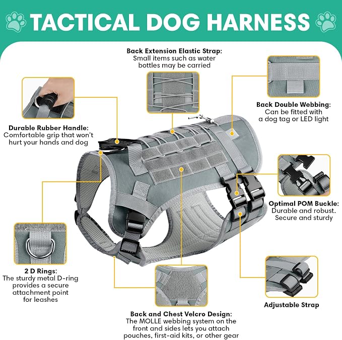 YooxArmor No Pull Dog Harness and Leash Set, Tactical Adjustable for Medium Sized Dog, Easy Walk Soft Vest Padded Oxford for Training Hiking (Gray-M)