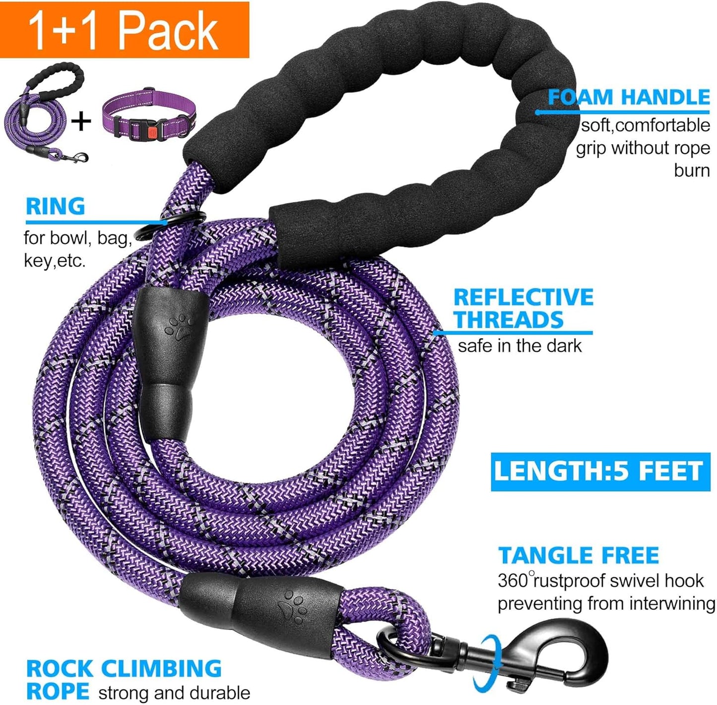 Heavy Duty Dog Leash - Comfortable Padded Handle, 5 ft Long - Dog Leashes for Small Medium Large Dogs (Leash+Collar XS Neck 10.5"-13.5", Purple)