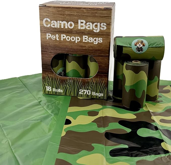Camo Bags - Pet poop bags with a camouflage pattern. Poop bags rolls for dog walking, dog-parks, and the yard.