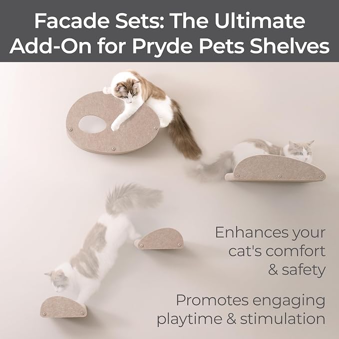 Pryde Pets Wall Mounted Cat Shelves with Facade Covers (Set of 4) 100% Sustainable PET Felt Feline Enrichment Climbing Walkways Furniture with Privacy & Safety, Modern Design for Cats (Oatmeal)