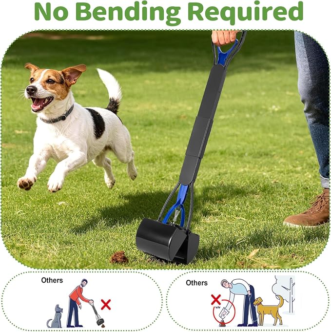 32" Pooper Scooper with Bags & Dispenser Attachment, Long Handle Dog Poop Scooper for Large/Small Dogs, High Strength Spring No-Bend Poop Scoop, Foldable Poop Picker Upper for Grass/Gravel Pick Up