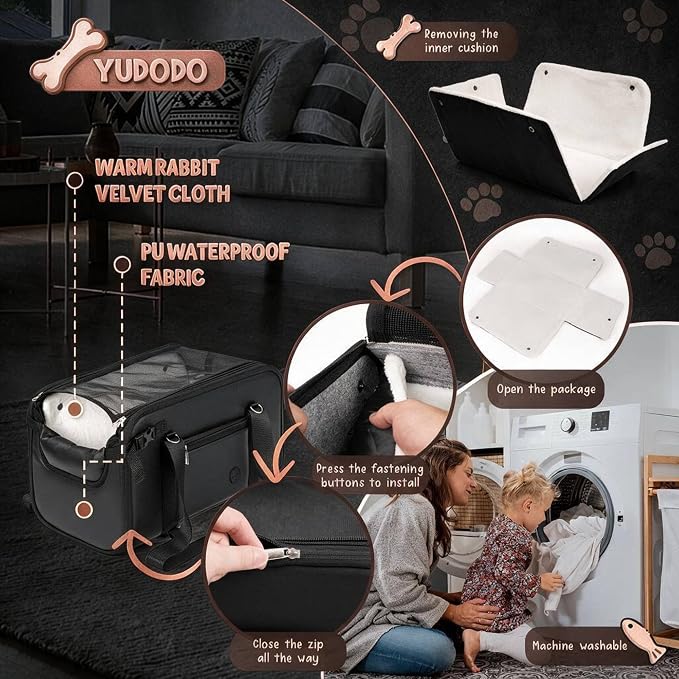 YUDODO 10-18lbs Large Console Dog Car Seat with Removable Velvet Cushion | Portable Puppy Cat Seat, PU Leather, Waterproof, Wipe Clean, Safe & Durable, Side Pockets, for Truck & SUV-Width>9.5in, Black