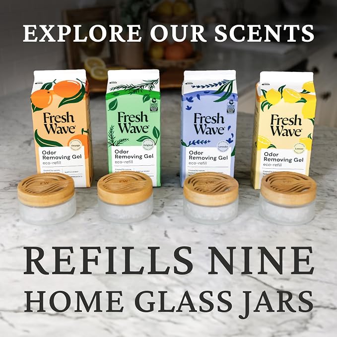 Fresh Wave Odor Removing Gel Eco-Refill, 63 oz. Original Scent | 2 Empty Refillable Glass Jars | 2 Room Set