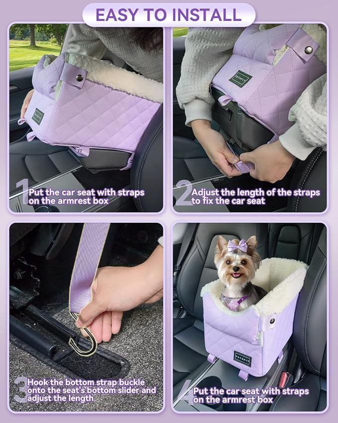 PETSFIT Cat Car Seat with Dual Adjustable Seat-Rail Anchor Hooks | Anti-Collapse Leather Dog Console Car Seat with Safety Tether, Washable Cushion, Soft Pillow for Pets Under 8 lbs, Purple