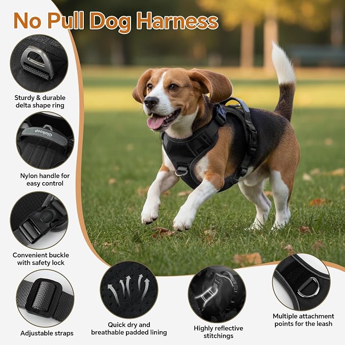 Heavy Duty Tactical Dog Harness for X-Large Dogs, No Pull Dog Harness with Handle & Front Clip, Reflective Soft Padded, Hook and Loop Panel, Dog Vest for Walking, Service Training, Black