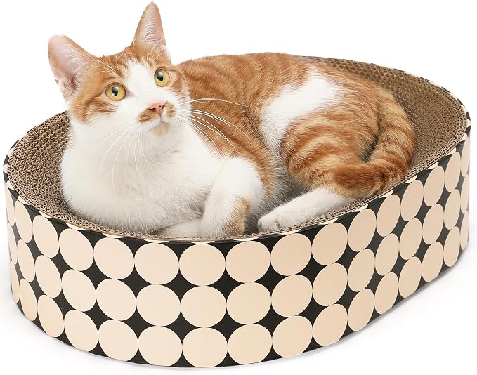 FUKUMARU Cardboard Cat Scratcher Bed, 2-in-1 Oval Cat Scratch Pad | Cats Scratching Board Lounge Bed Indoor, Durable Modern Kitty Scratcher Bowl, Cats Scratch Furniture Protector, Polka Dot