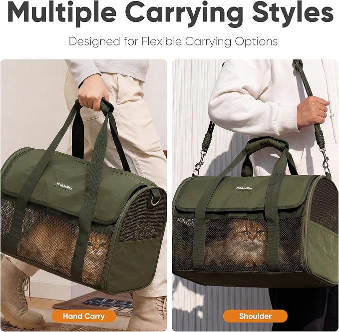 FUKUMARU Cat Carrier, Light & Airy Pet Carrier, 18x11x11 Airline Approved Dog Carrier for Small Dogs, 2-in-1 Shoulder Strap Leash, Collapsible Soft Cat Travel Carrier with Anti-Scratch Mesh, Green