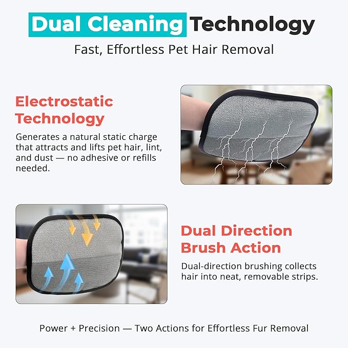 Choodeks Pet Hair Removal Gloves for Dogs and Cats, Reusable Electrostatic Grooming Tool, 2-Piece Set for Furniture, Clothing, Car Seats Reusable 2-in-1 Design, 2 Pack