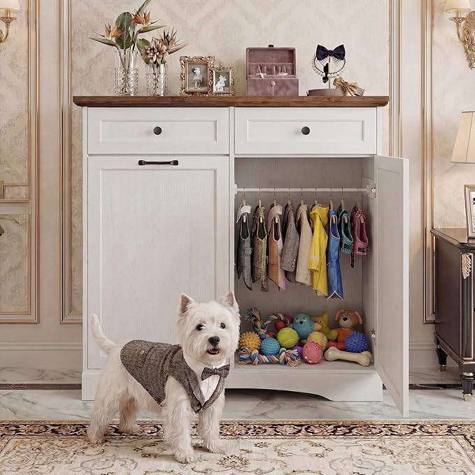 39.7’’W Dog Feeding Station, Tilt-Out Dog Food Cabinet for Multi-Pets, Pet Feeder Station with 4 Feeding Bowls, Dog & Cat Storage Organizer with Hanging Rod, (White, Dual Doors)