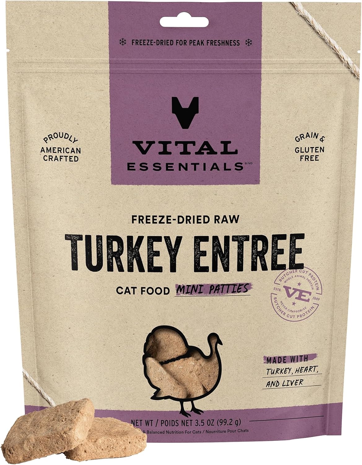Vital Essentials Freeze Dried Raw Cat Food, Turkey Mini Patties Entree, 3.5 oz