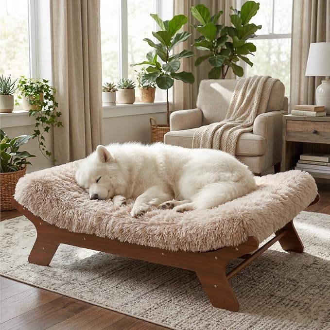 Elevated Wood Dog Bed Frame Mat Set, WalnutPattern, Large | Raised Sturdy Attractive Dog Sofa Couch Furniture, 80 lb
