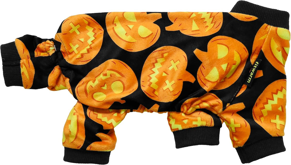 Fitwarm Halloween Pumpkin Dog Pajamas, Funny Dog Winter Clothes for Small Dogs Girl Boy, Pet Jumpsuit, Cat Halloween Costumes with Feet, Lightweight Velvet, Black, Orange, Small