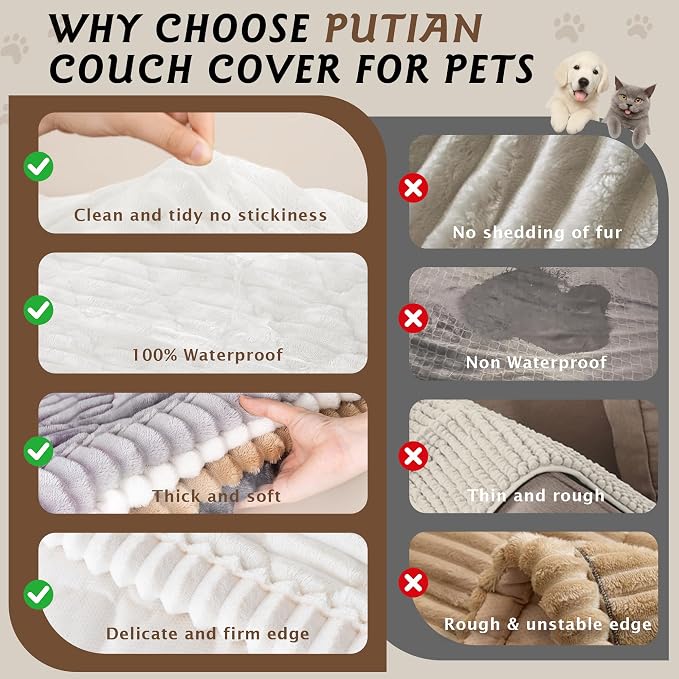PuTian 100% Waterproof Fuzzy Couch Cover for Dogs White 27.6"x82.7" | Pet Friendly Dog Mat for Couch, Waterproof Sofa Protector, Scratch Resistant Furniture Cover for Dogs, Machine Washable