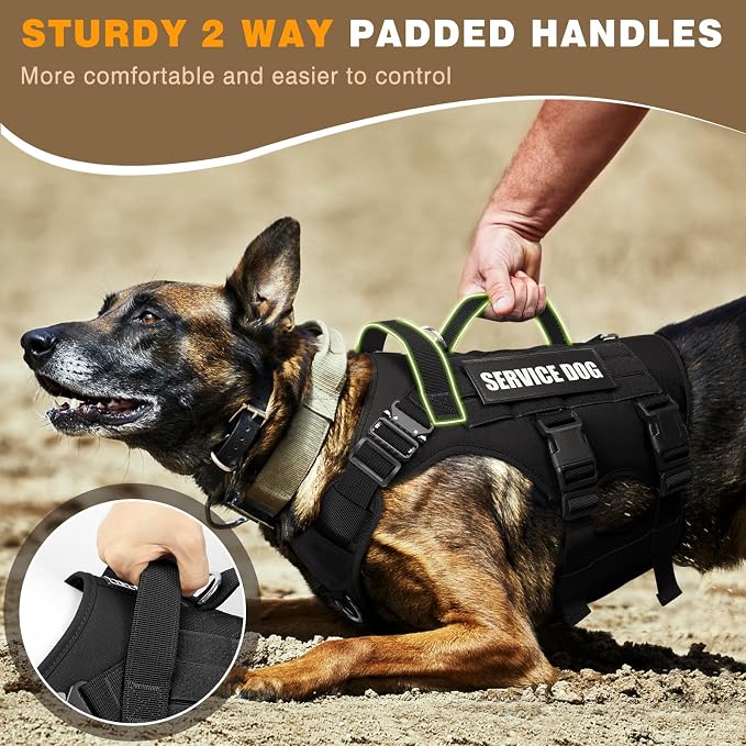 Service Dog Vest Harness for Large Dog, Tactical Working MOLLE Vest with 10 Pet Patches, No Pull Heavy Duty Harness for Training Hunting Walking