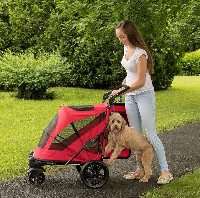 Pet Gear NO-Zip Pet Stroller with Dual Entry, Push Button Zipperless Entry for Single or Multiple Dogs/Cats, Pet Can Easily Walk in/Out, Gel-Filled Tires, Candy Red, Excursion