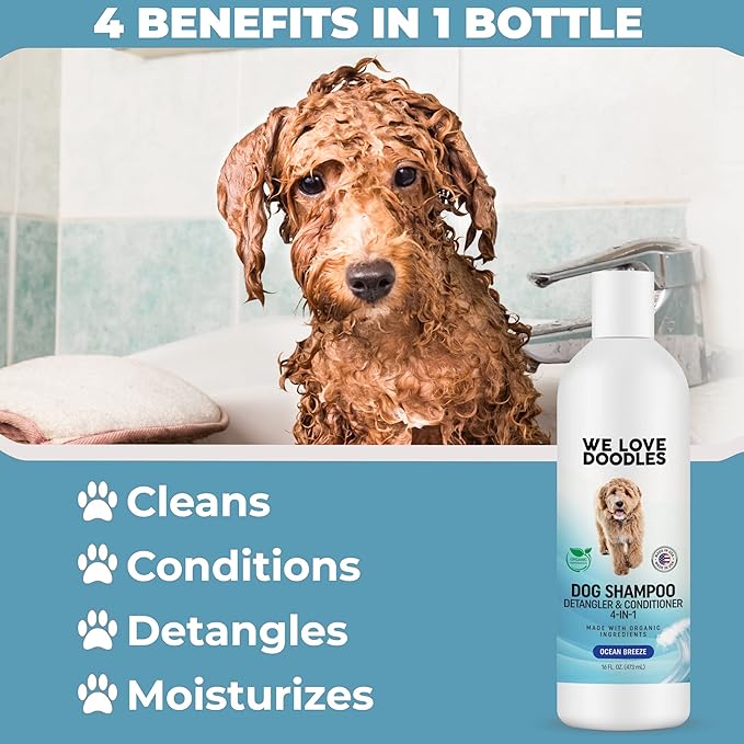 We Love Doodles 2 PACK Pet Rubber Bath Brush and Dog Shampoo (Bundle) - for Shower Scrubbing & Soothing Massage and Organic Dog Shampoo, Conditioner & Detangler - Made in The USA
