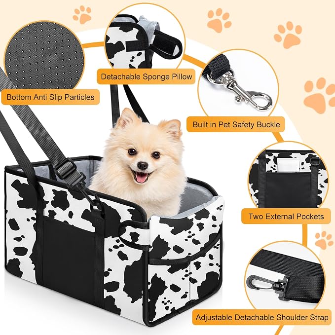 Portable Dog Car Seat for Small Dogs, Puppy Car Seat, Cow Pattern | Booster Seat With Safety Leash & Adjustable Straps Keeps Small Dogs Secure. Removable Washable Cushion. Fits Most Cars.
