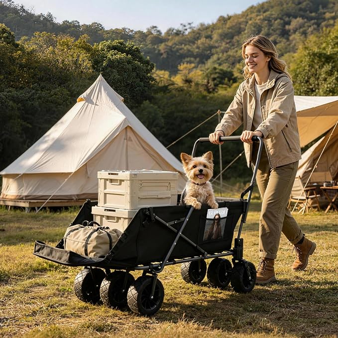 REDCAMP Folding Dog Wagon for Large Dogs, 150lbs Dog Stroller with 6 Wheels | Collapsible Utility Cart with 17.3" Extendable Ramp for 2 Medium Dogs, 6 All-Terrain Wheels with Brake for Senior Pet, Black