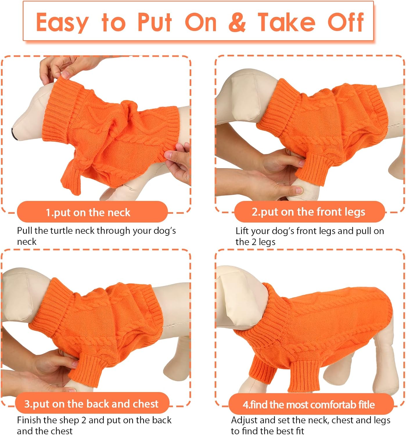 Queenmore Small Dog Pullover Sweater, Cold Weather Cable Knitwear, Classic Turtleneck Thick Warm Clothes for Chihuahua, Bulldog, Dachshund, Pug (Orange, X-Small)