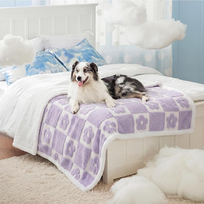 LE SURE Waterproof Dog Blankets for Large Dogs Cute Cozy 3D Jacquard,50x60 | Warm Soft Pet Blanket for Senior Dogs Aesthetic Gift, Washable Sherpa Throw,Reversible Couch Protector,Lavender Flower Checks