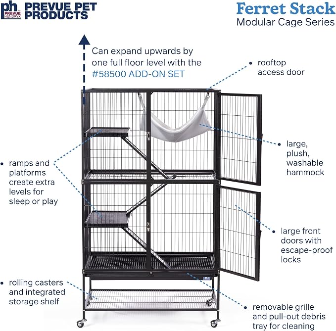 Prevue Pet Products Ferret Stack Two Story Ferret Home - Portable Stand, Escape Proof Lock, Includes Hammock & Ramps, Expandable Two Story Cage Stacking System with Wheels - Black