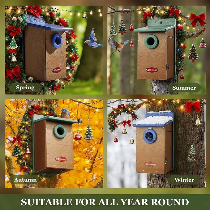 Kingsyard Recycled Plastic Bird House for Outdoor - Durable Nesting Box with Clear View Panel & Predator Guard for Bluebird Wren Swallow Finch, Green & Brown
