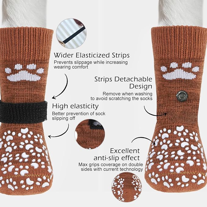 EXPAWLORER Anti Slip Dog Socks to Prevent Licking Paws, Dog Shoes for Hot Pavement, Dog Booties for Small Medium Large Senior Dogs, Traction Control Boots & Paw Protectors for Hardwood Floors Caramel