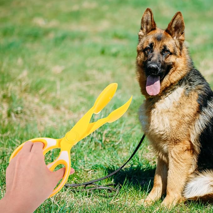 FRCOLOR Heavy Duty Pet Poop Scooper with Long Handle, Portable Dog Waste Picker Clamp for Outdoor Cleaning, Yellow Pet Pooper Scooping Tool for Dogs and Cats