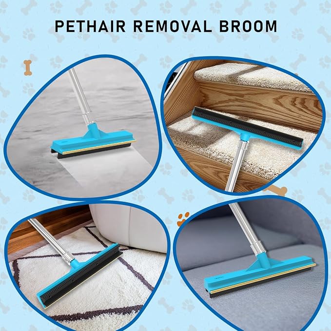 Upgraded Carpet Rake for Pet Hair Removal,2PCS Reusable Pet Hair Remover with 56” Adjustable Long Handle, 3 in 1 Rubber Broom and Carpet Brush Scraper for Rugs, Mats, Couch, Furniture