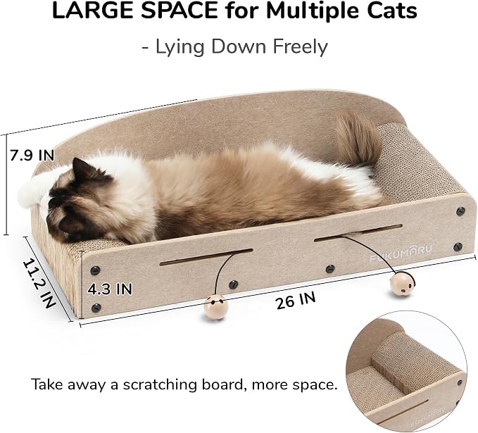 FUKUMARU 26 Inch Cat Scratcher Bed, 2 Reversible Cardboard Cat Scratch Pads Refill for Indoor Cats, Durable Large Cats Scratching Bed Sofa Couch Lounger with Fun Toys, Furniture Protector, Beige