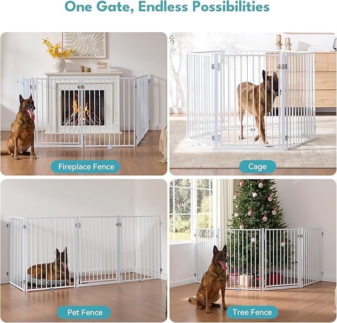 No Pawblems Free Standing Dog Gate with Door, 36'' Tall Foldable Dog Fence for Indoor & Outdoor, Up to 156 Inch Extra Wide Christmas Tree Fence, Hallways, Doorways, Deck, Yard (White, 6 Panels)