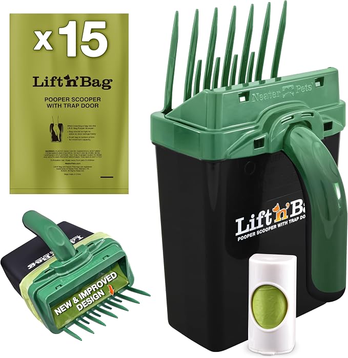 Neater Pet Brands Lift N’ Bag 2.0 Dog Pooper Scooper with Bag Attachment for Small to Large Dogs, New & Improved Design, 15 Refill Bags, Heavy Duty Dog Poop Scooper for Yard & Walks, One-Hand Use
