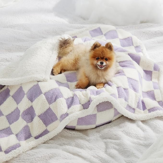 LE SURE Waterproof Dog Blankets for Small Dogs Cute Cozy 3D Jacquard,25x35 | Puppy Blanket for Cat Aesthetic Gift, Warm Soft Sherpa Throw Washable, Reversible Pet Couch Protector, Lavender Checks