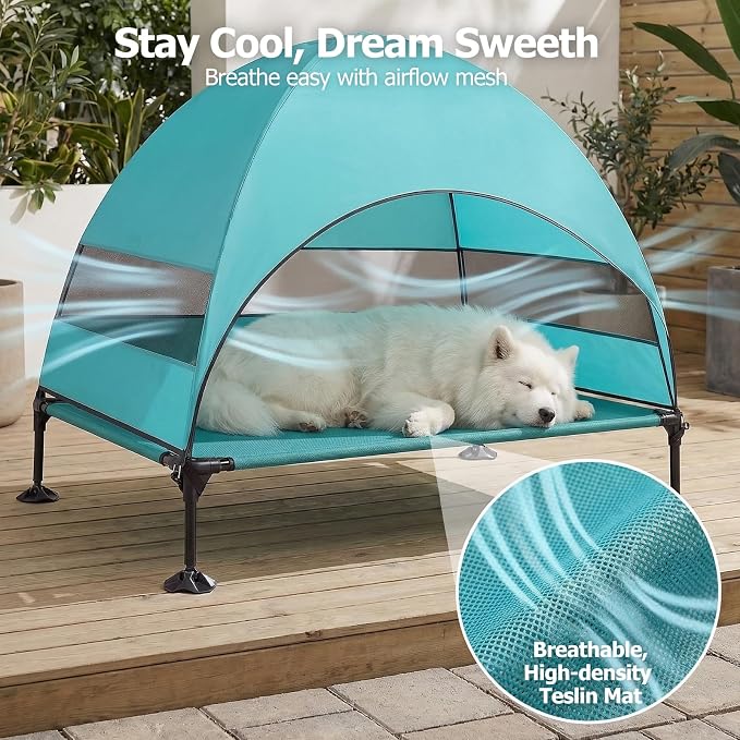 Elevated Dog Bed with UV-Proof Canopy, Outdoor Dog Tent with Powerful Adjustable Feet, Portable Pet Cot with Wider Shade, Raised Cooling Bed for Camping, Patio, Beach, Poolside