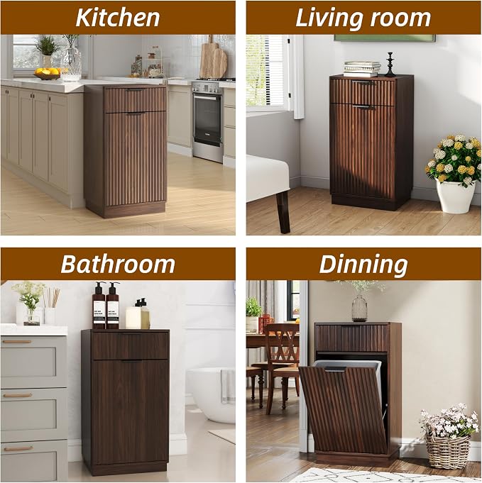 10-Gallon Single Tilt Out Trash Can Cabinet with Drawer,Kitchen Trash Can Cabinet Garbage Recycling Cabinet Wooden Dog-Proof Trash Cabinet for Dining Room and Kitchen,Laundry Room