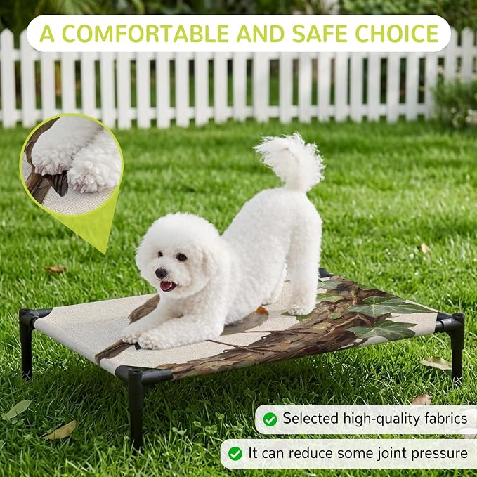 Outdoor Elevated Dog Bed for Large Dogs, Bird Breathable Cooling Raised Dog Cot for Indoor/Outdoor, Ivy Branch Animal Green Botanical Leaf Rustic Waterproof Elevated Pet Beds, L 28 x 22 in