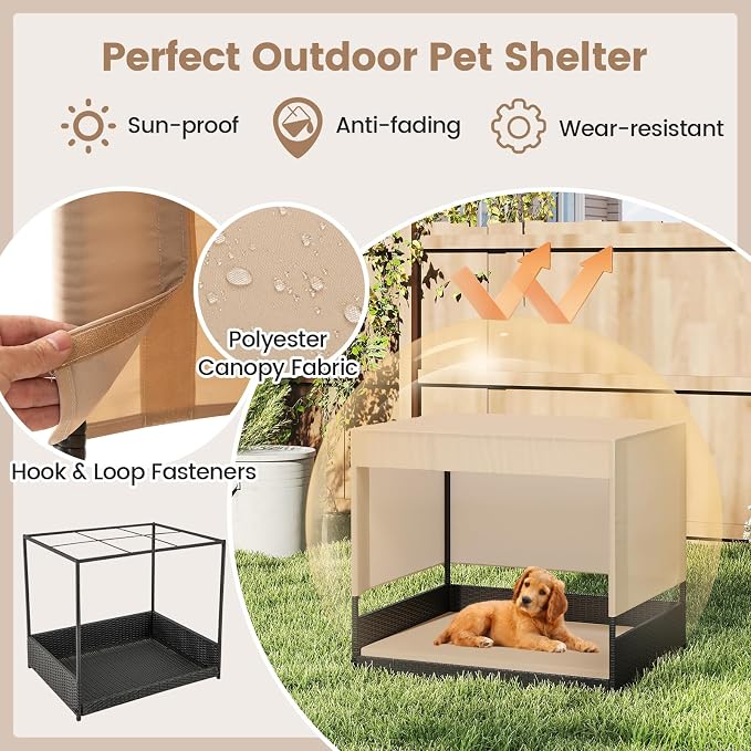 Tangkula Elevated Wicker Dog House for Small to Medium Breeds, Raised Rattan Pet Sofa Bed with Removable Cushion, Canopy Roof, Indoor & Outdoor Puppy Cat Shade Shelter for Patio, Yard, Garden