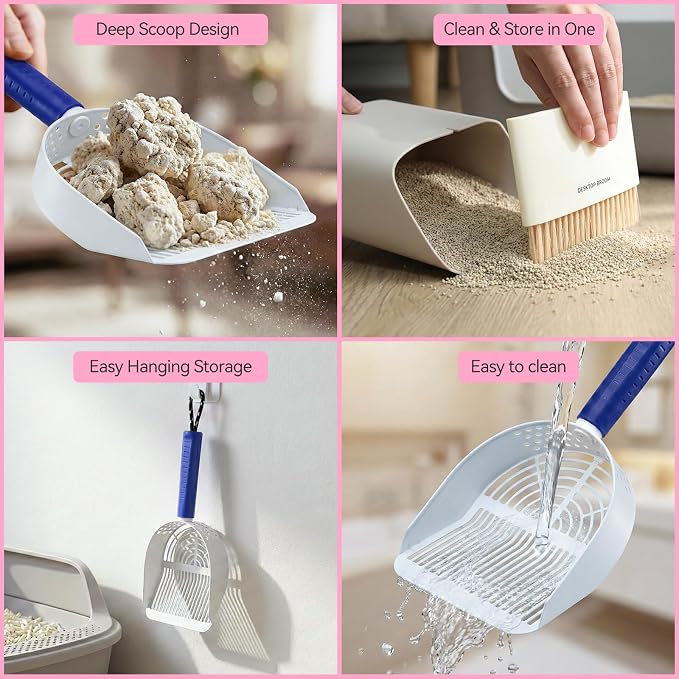 Cat Litter Scoop with Holder, 3 in 1 Metal Kitty Scooper | Heavy Duty Deep Litter Sifter with Dustpan & Mini Broom, Dual Coarse & Fine Grid, Quick Sift, Universal for All Cat Litter