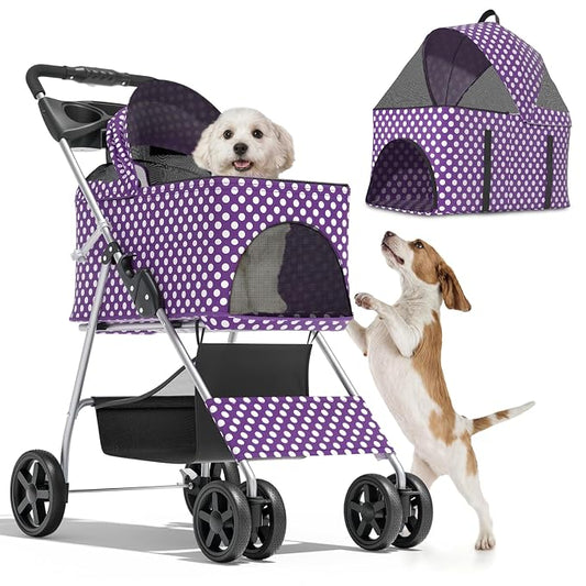 Magshion Foldable Pet Stroller, 3-in-1 Dog Travel Jogger with Detachable Carrier, Cup Holder, Storage Basket, Folding Carrier for Small/Medium Dogs & Cats Up to 33 lbs, Purple Polka Dots
