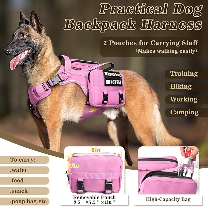 Service Dog Vest with Removable Backpack for Large Dogs Pink XL | No Pull Adjustable Dog Harness with Pockets,Soft Padded Handles&Molle for Patches,Heavy Duty for Training Hiking Hunting